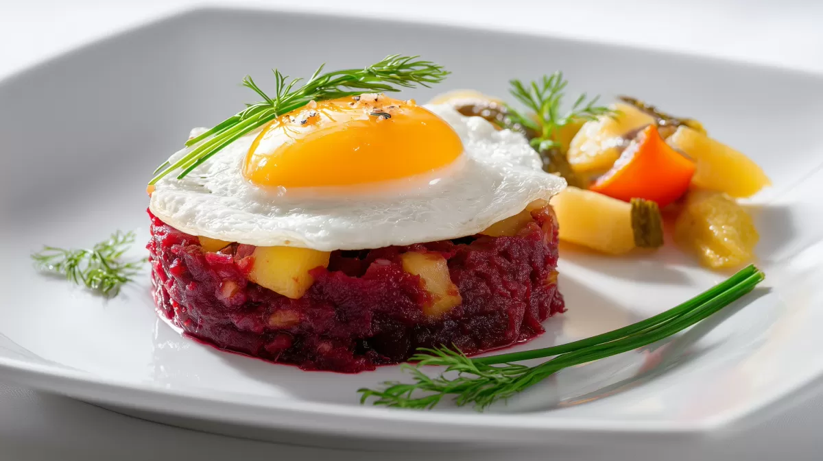 Labskaus mit Spiegelei auf weißem Teller