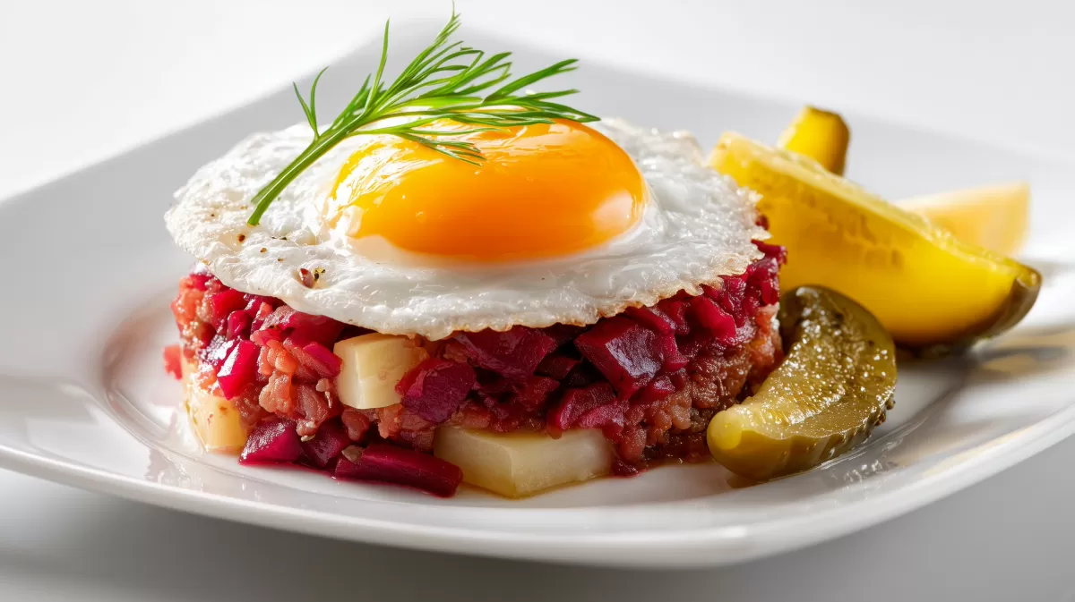 Labskaus mit Spiegelei, Gurken und Rote Bete