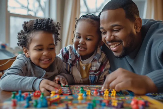 Lachende Familie spielt zusammen Brettspiel