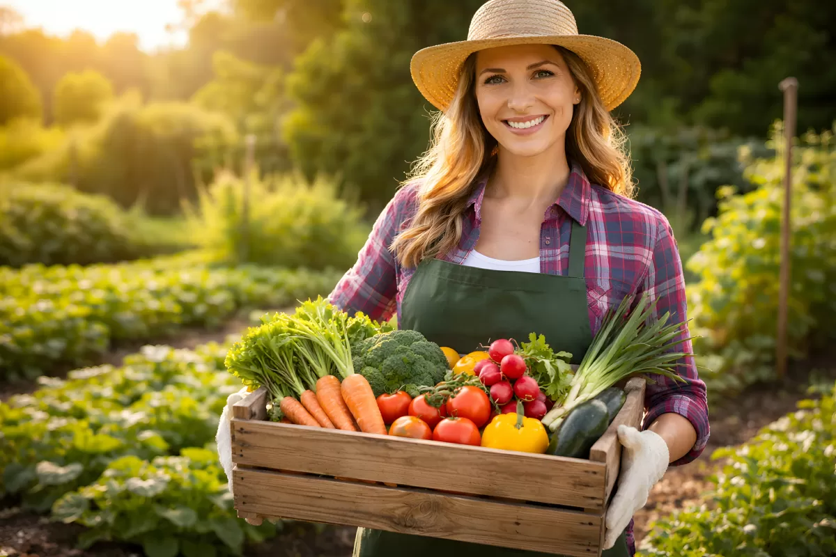 Lachende Frau erntet Gemüse aus eigenem Garten
