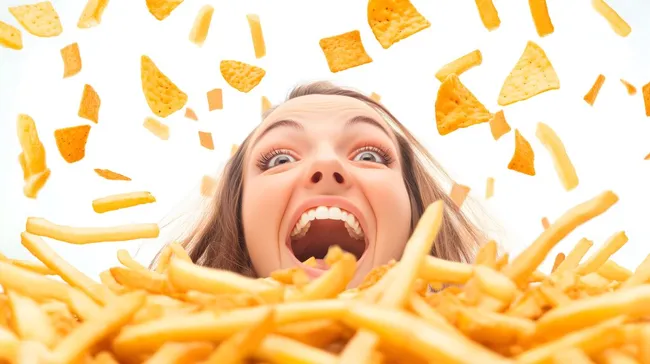 Lachende Frau genießt Pommes und Chips