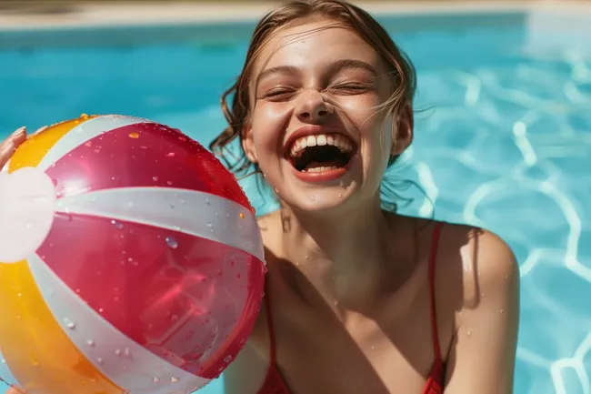 Lachende Frau genießt Sommerfreude am Swimmingpool