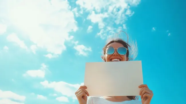 Lachende Frau hält leeres Schild vor blauem Himmel