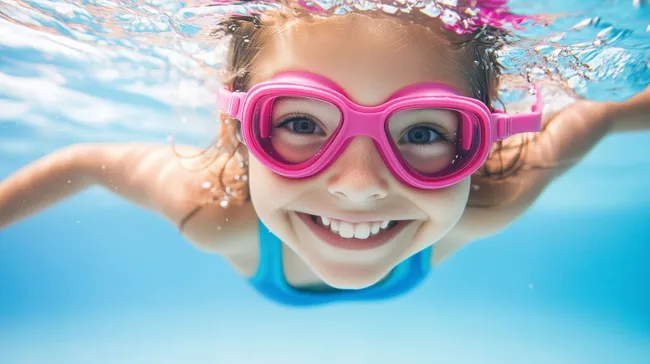 Lachende Frau taucht unter Wasser mit pinker Schwimmbrille