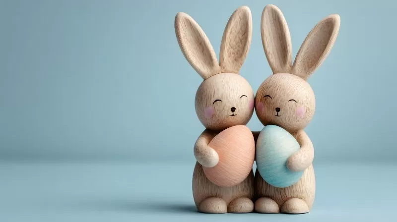 Lachende Holzosterhasen mit Ostereiern auf blauem Hintergrund