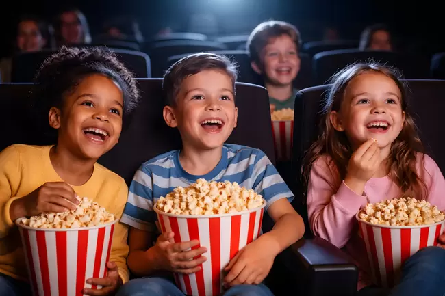 Lachende Kinder im Kino genießen Popcorn