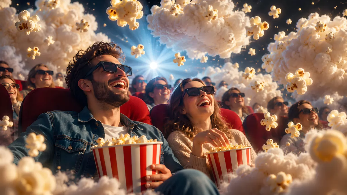 Lachende Kinobesucher mit 3D-Brille und Popcorn