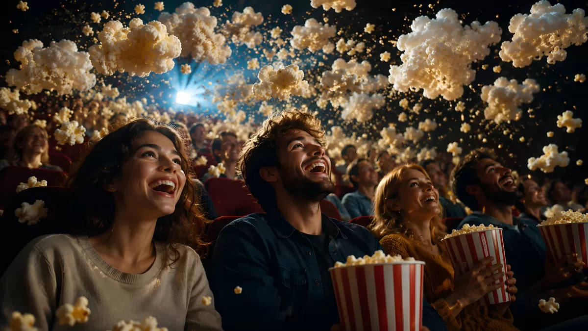 Lachende Kinobesucher mit fliegendem Popcorn im Saal