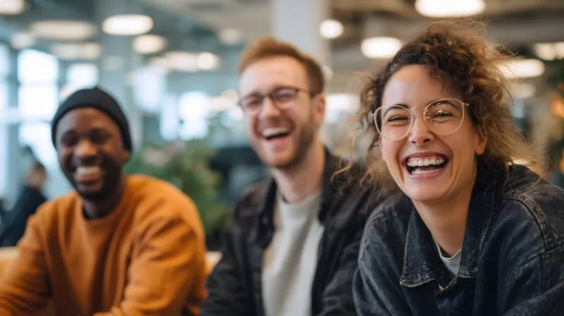 Lachende Kollegen in moderner Büroumgebung