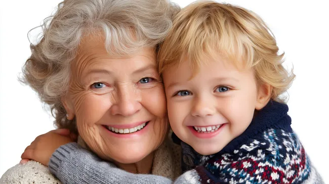 Lachende Oma umarmt glückliches Enkelkind