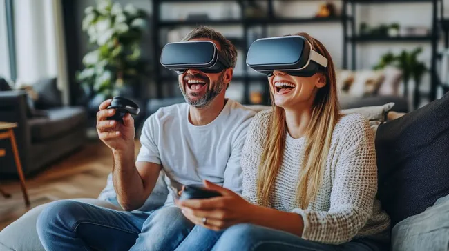 Lachende Paare erleben gemeinsam ein VR-Spielerlebnis zu Hause