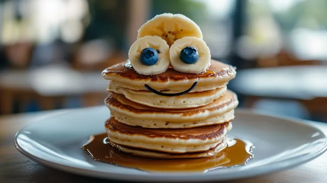 Lachende Pfannkuchenstapel mit Früchten