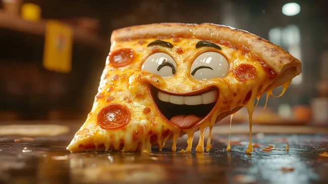 Lachende Pizza mit Käsetropen und großen Augen