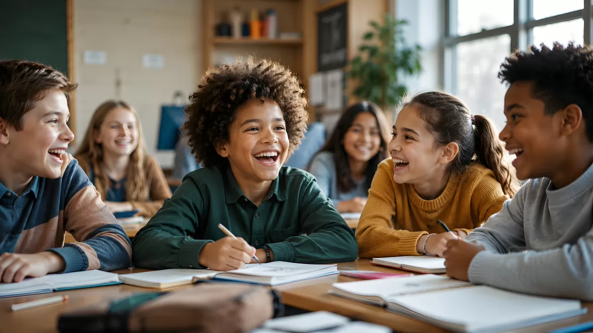 Lachende Schüler arbeiten gemeinsam im Klassenzimmer