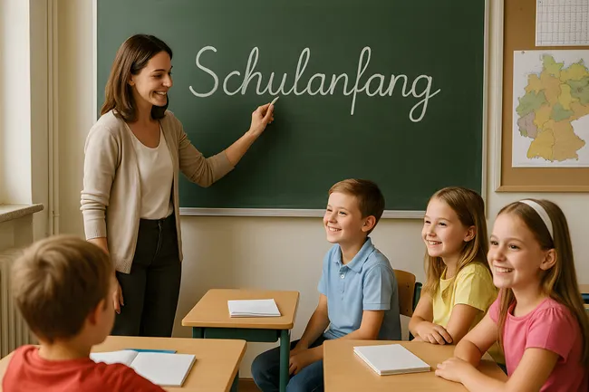 Lachende Schüler lernen im Klassenraum mit Lehrerin