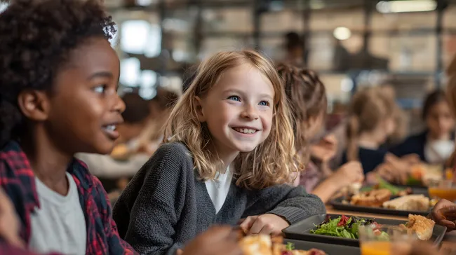 Lachende Schülerin mit Mittagessen in Schulcafeteria