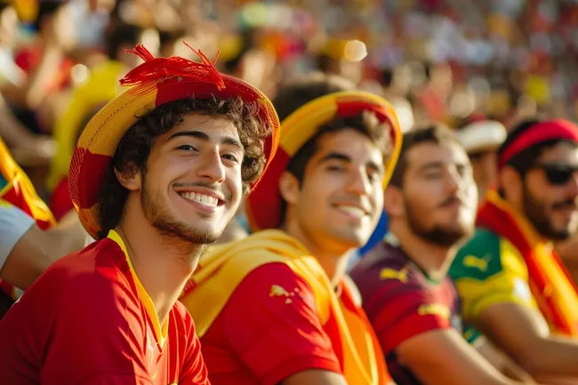 Lachende spanische Fußballfans in rot-gelber Kleidung