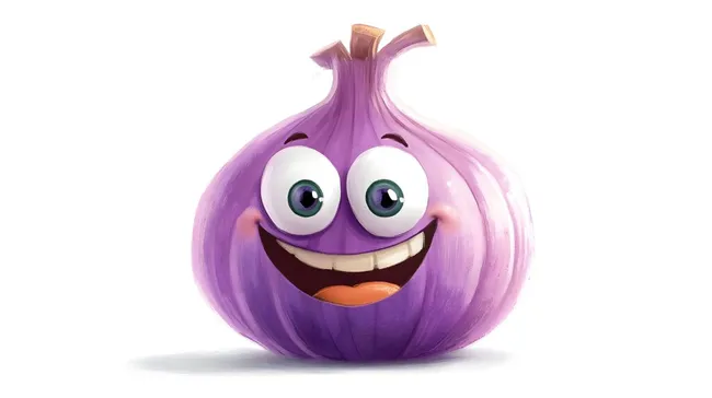 Lachende Zwiebel mit großen Augen - witziges Cartoon-Stockfoto