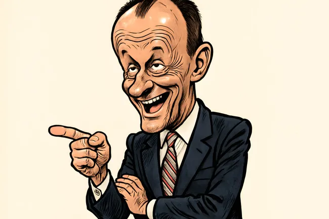 Lachender Geschäftsmann im Anzug mit Gestik