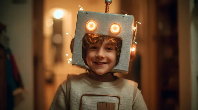 Lachender Junge im Roboterkostüm mit bunten Lichtern