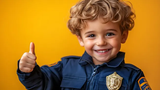 Lachender Junge in Polizei-Uniform vor gelbem Hintergrund