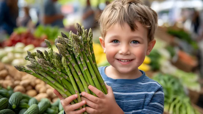 Lachender Junge mit frischem Spargelbund auf Bauernmarkt