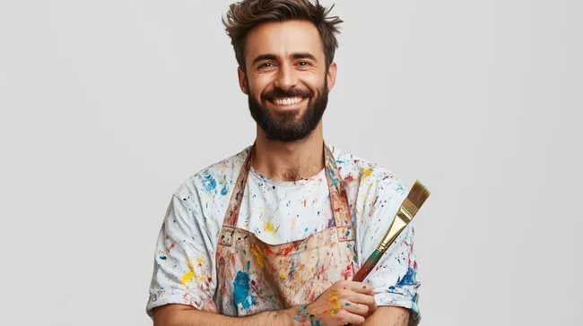 Lachender Künstler mit farbigen Pinsel-Spritzern