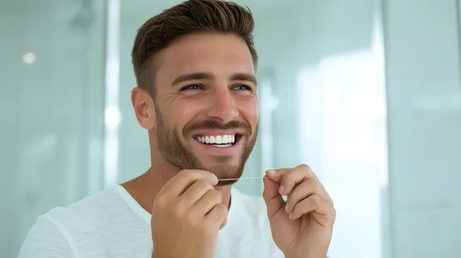 Lachender Mann benutzt Zahnseide im Badezimmer