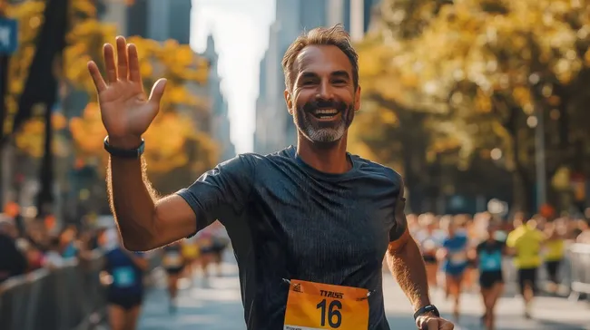 Lachender Marathonläufer in Herbstkulisse