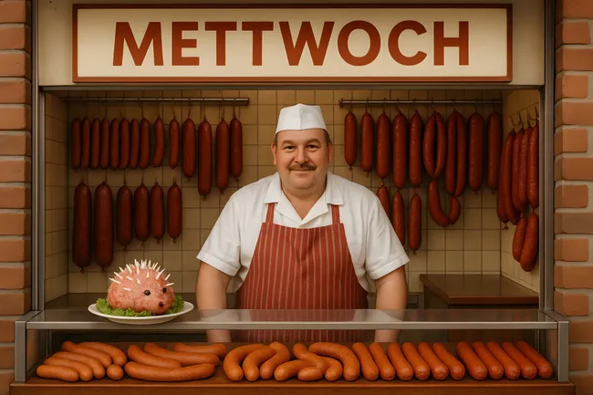 Lachender Metzger präsentiert Mettwurst und Tomatensalat