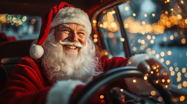 Lachender Weihnachtsmann im Auto mit Lichterketten