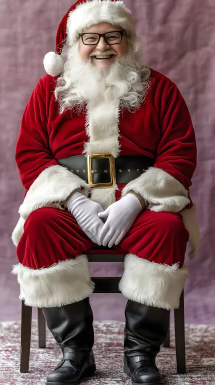 Lachender Weihnachtsmann mit rotem Kostüm und Brille auf Stuhl