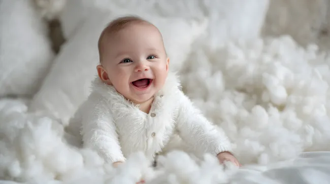 Lachendes Baby in kuscheligem Plüschanzug