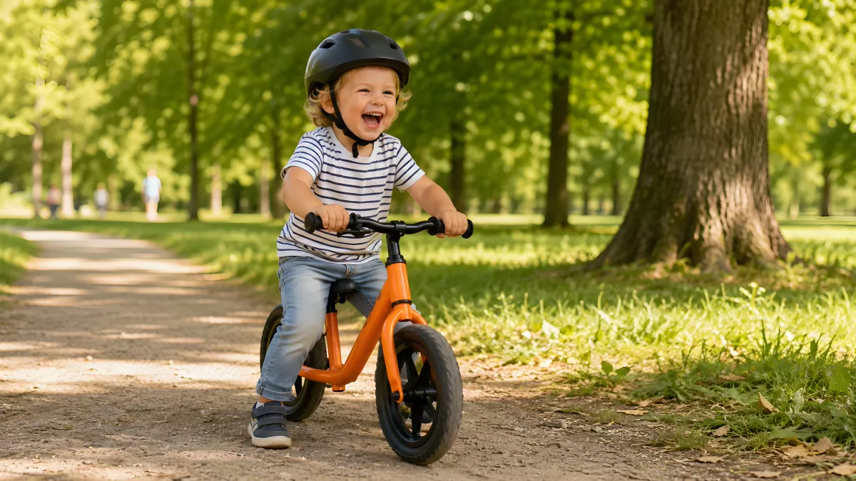 Lachendes Kleinkind auf orangem Laufrad im Park