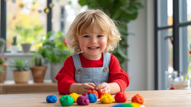 Lachendes Kleinkind spielt mit buntem Knete-Set