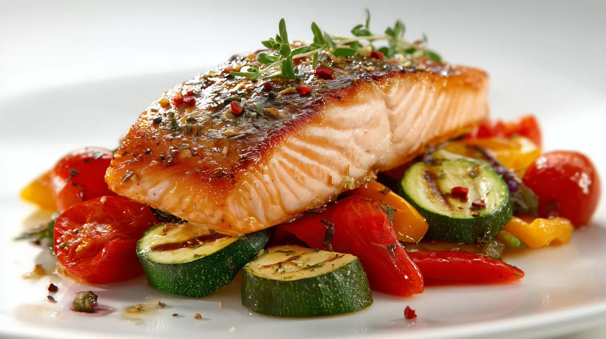 Lachs auf Ofengemüse mit Zucchini und Tomaten