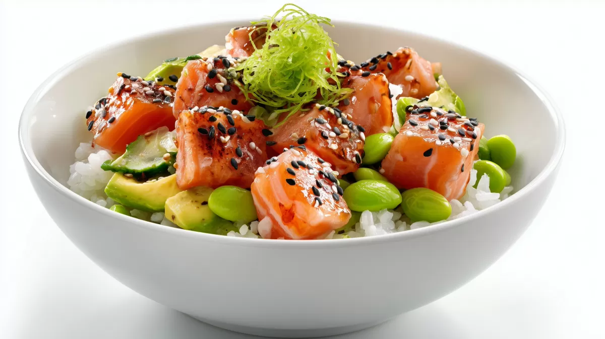 Lachs Bowl mit Edamame und Avocado auf Reis
