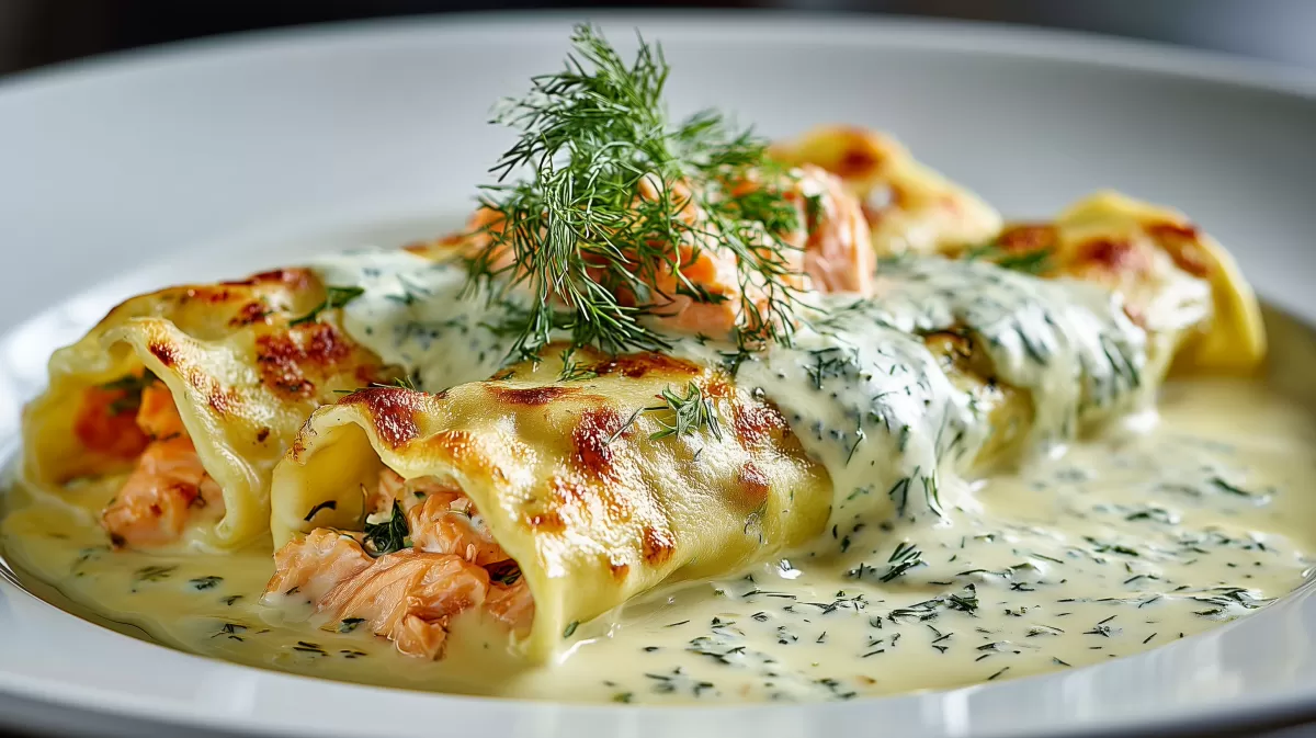 Lachs Cannelloni mit Dillsauce auf weißem Teller