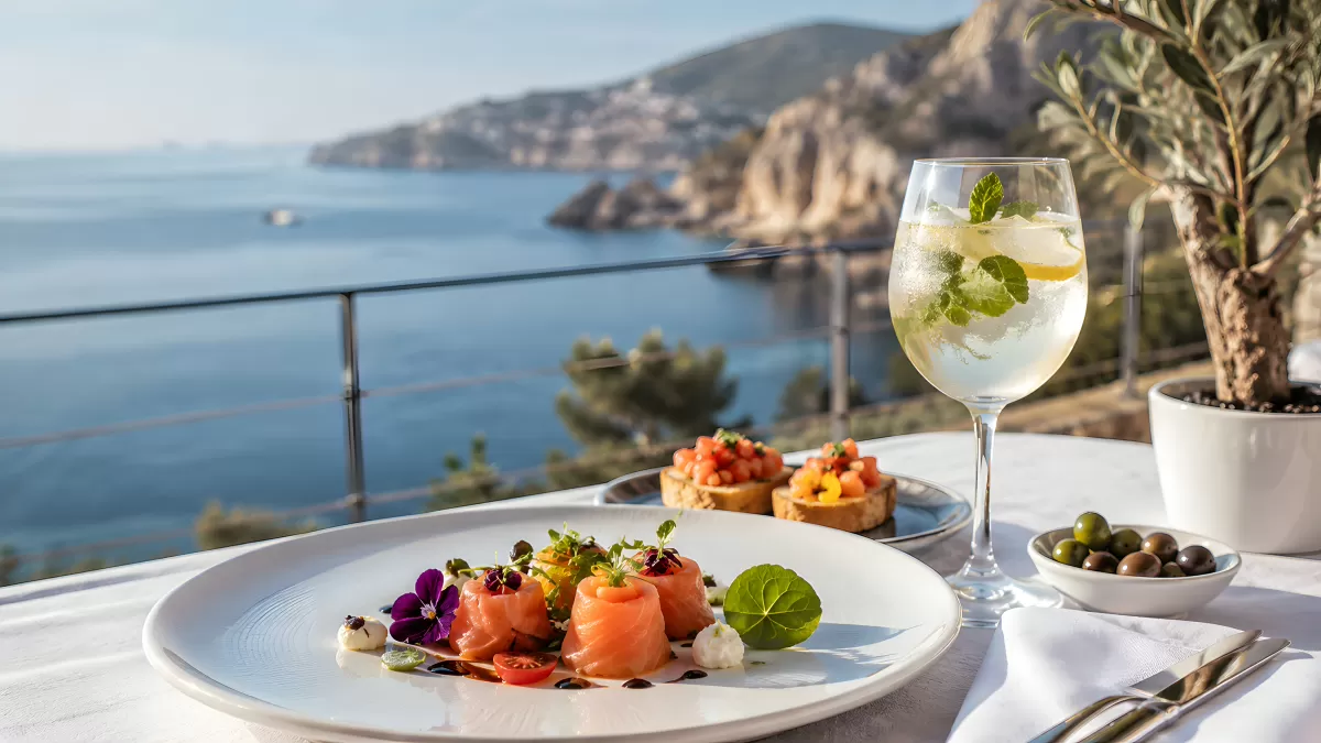 Lachs-Carpaccio mit Meeresblick auf Terrasse