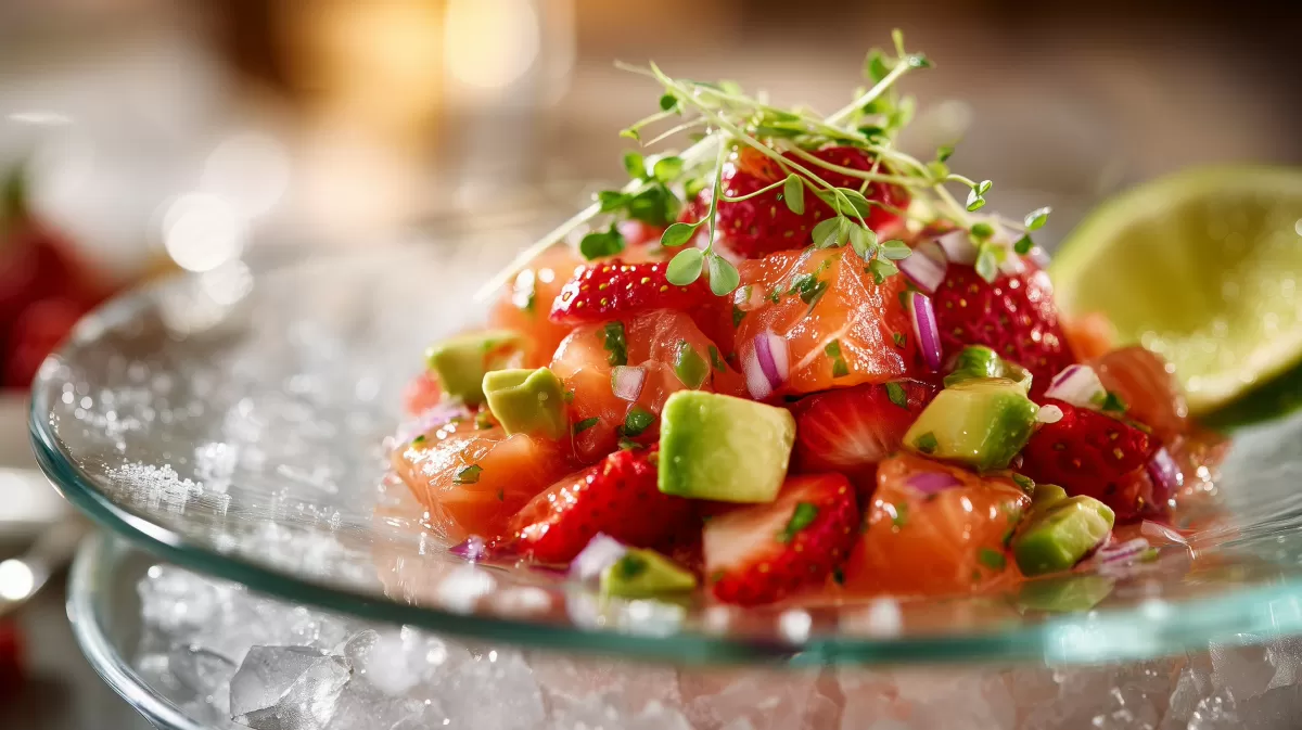 Lachs Ceviche mit Erdbeeren fo und Avocado auf Eis