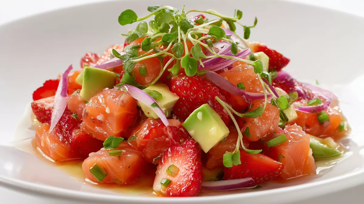 Lachs Ceviche mit Erdbeeren frisch angerichtet