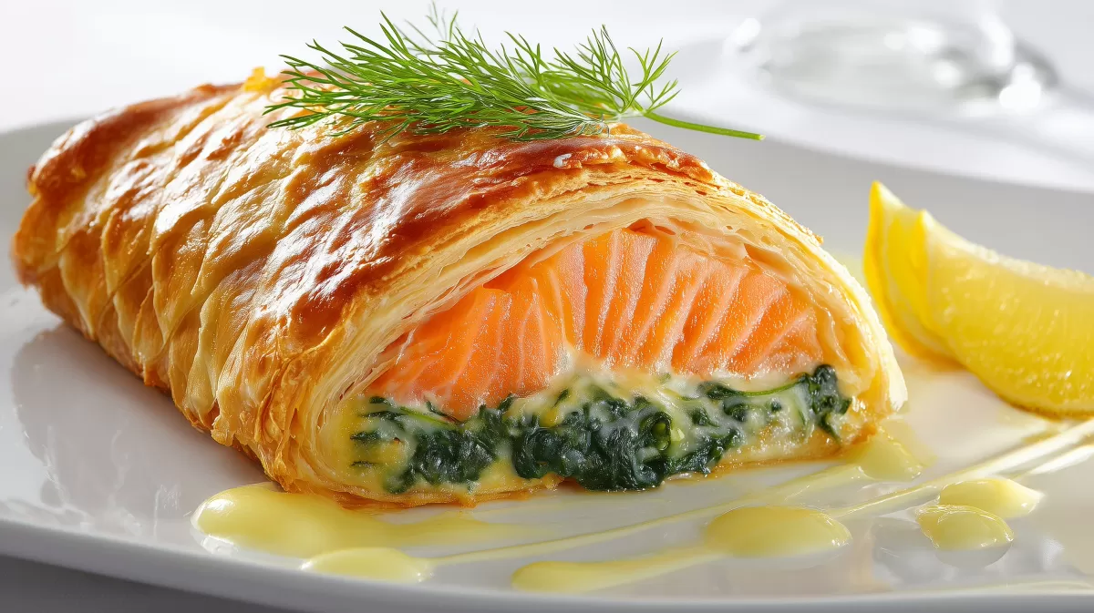 Lachs en Croûte mit Spinat auf weißem Teller