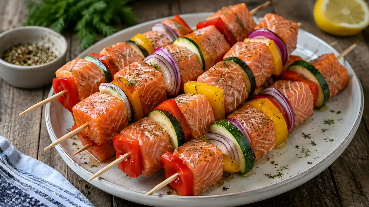 Lachs-Spieße mit buntem Gemüse auf weißem Teller