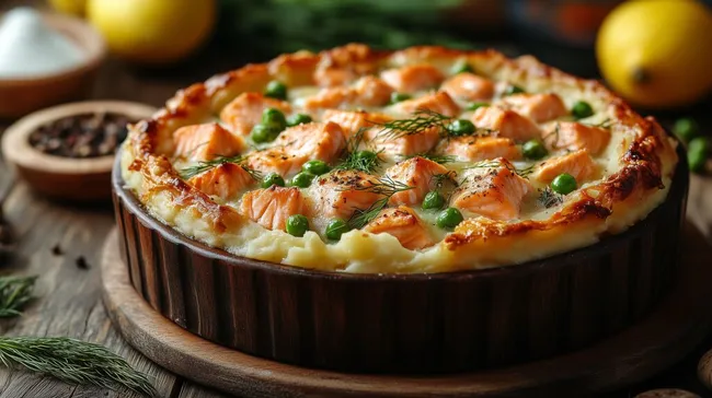 Lachsauflauf mit Erbsen und Dill in rustikaler Schale