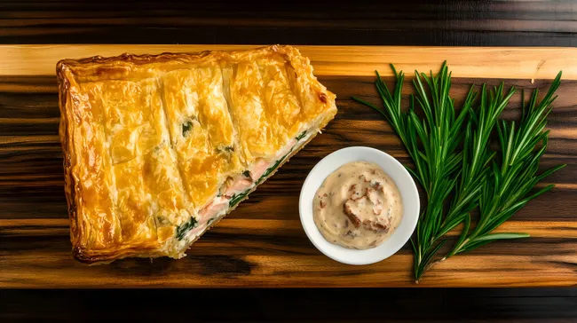 Lachsblätterteigpastete mit Dillsauce und frischem Rosmarin