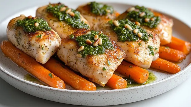 Lachsfilet auf Karotten mit Pestohaube