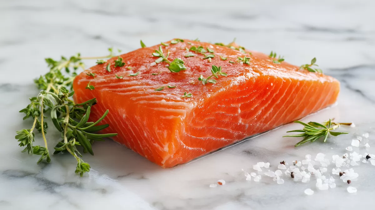 Lachsfilet auf Marmor mit frischen Kräutern