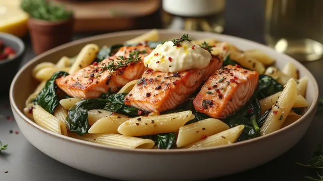 Lachsfilet auf Penne mit Spinat und Sahnesoße