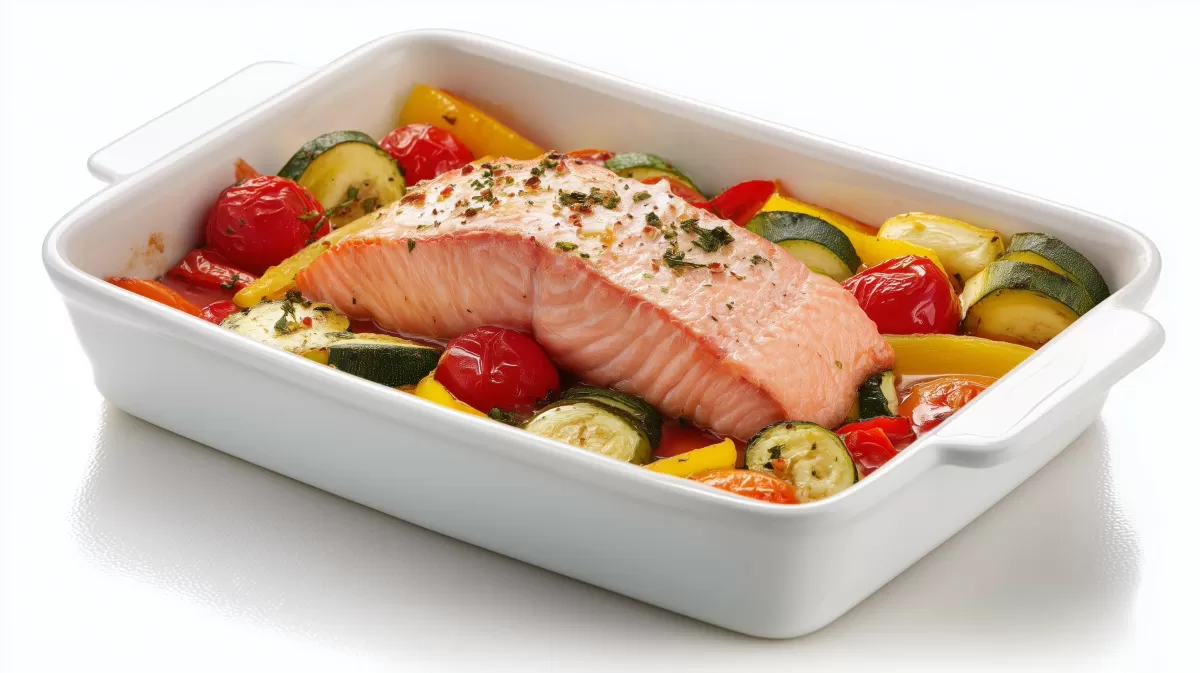 Lachsfilet im Gemüsebett mit Zucchini und Tomaten