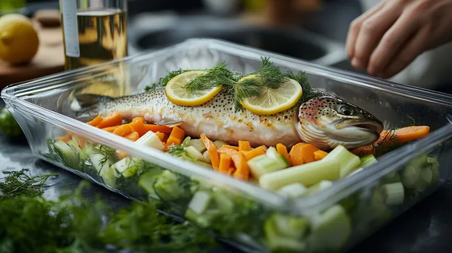 Lachsfilet mit Gemüsebett in Glasbehälter